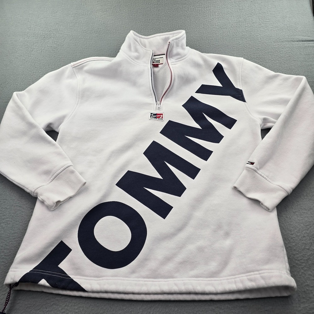 Tommy Hilfiger Denim Sweatshirt Mens Medium White Spellout Mock Neck Quarter Zip
